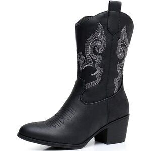 GLOBALWIN Cowgirl Boots Women's Black Faux Leather Mid Calf Chunky Low Heel